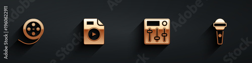 Set Film reel, AVI file document, Sound mixer controller and Microphone icon with long shadow. Vector