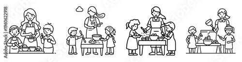 Four sets of people baking or cooking, a doodle style drawing