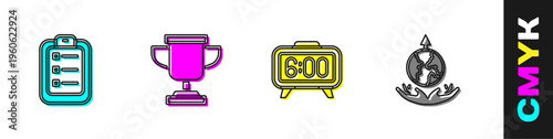 Set To do list or planning, Award cup, Digital alarm clock and World expansion icon. Vector