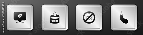 Set Vegan food diet, Organic cosmetic, Gluten free grain and Eggplant icon. Silver square button. Vector