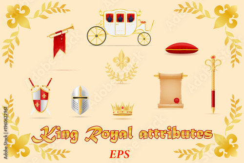 set icons king royal golden attributes of medieval power cartoon vector illustration