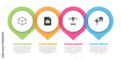 Set Isometric cube, file, 3D printer wrench spanner and . Business infographic template. Vector