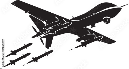 Military drone, combat aircraft, missile launcher, black silhouette vector