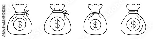 Four money bags with dollar signs in a row, isolated illustration