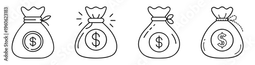 Set of four outline money bags with dollar symbol on white background