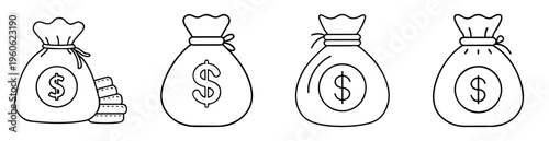Four black and white line drawing money bag variations with dollars