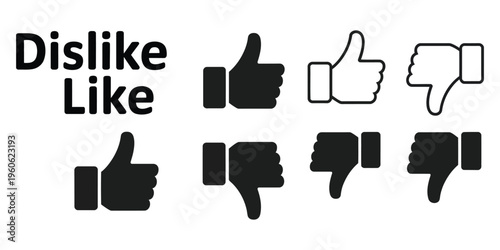 Like and dislike icons, thumbs up and thumbs down symbols, solid and outline vector illustration, approval and disapproval concept