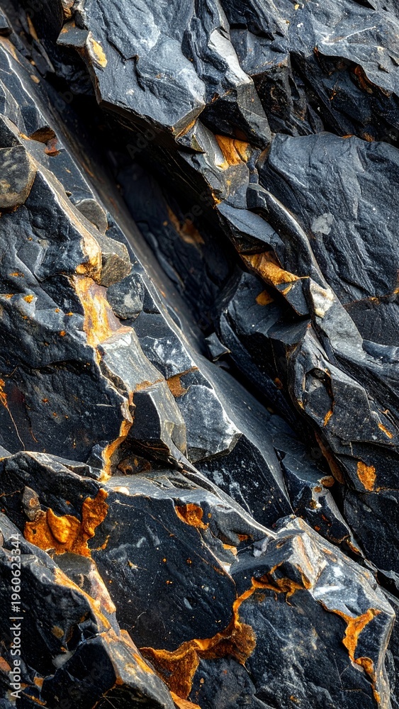 Fototapeta premium Close-up of a dark rock face with striking orange and yellow mineral veins, showcasing natural geological patterns and textures.