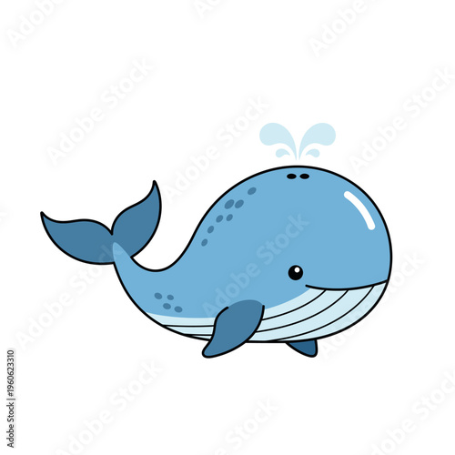 Cute cartoon blue whale spouting water, isolated on white background