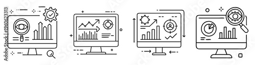 Line art of digital marketing analytics dashboards, data visualization, and business metrics