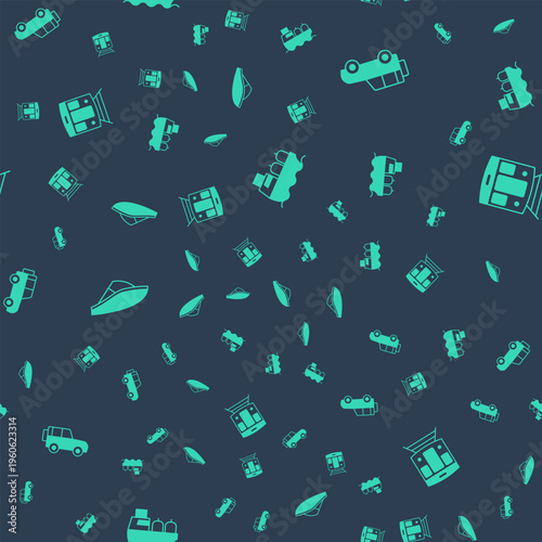 Set Oil tanker ship, Off road car, Speedboat and Train and railway on seamless pattern. Vector