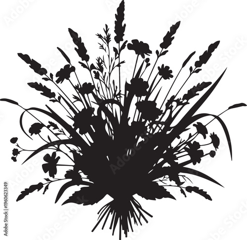 Black floral bouquet, wildflower arrangement, wheat sheaf, vector silhouette