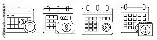Black and white drawing illustrating various financial dates and payment schedules