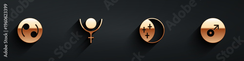 Set Cancer zodiac, Symbol Pluto, Eclipse of the sun and Mars symbol icon with long shadow. Vector