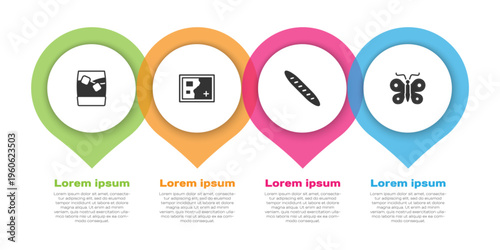 Set Glass of whiskey with ice, Folded map, French baguette bread and Butterfly. Business infographic template. Vector
