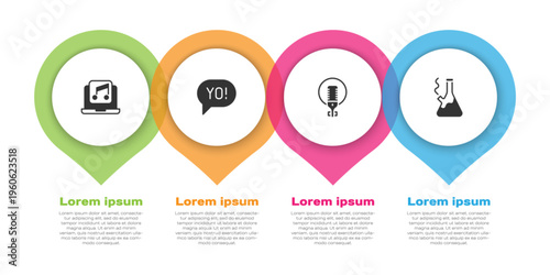 Set Laptop with music, Yo slang lettering, Microphone and Glass bong for smoking marijuana. Business infographic template. Vector