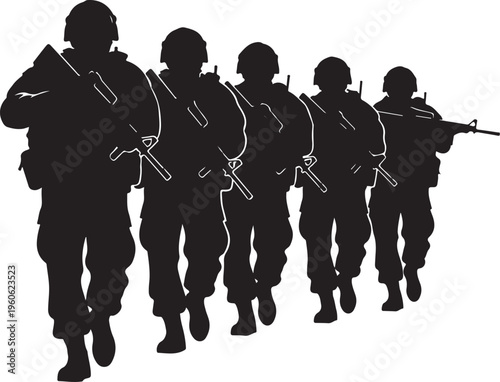 Military soldiers, army troops, combat team, black silhouette icons, vector graphics