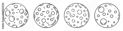 Full moon phases lunar surface with craters simple outline black and white