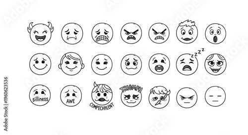 Hand-drawn Emoticon Collection: Diverse Emotions and Expressions on White Background