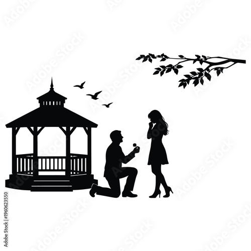 A man proposing to a woman in a romantic outdoor setting