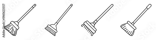 Vector image showcasing a collection of cleaning tools, various brooms and rake