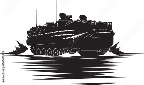 Military tank, armored vehicle, black silhouette, vector illustration, warfare machine