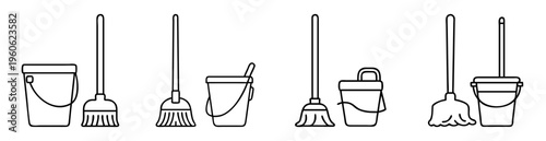 Outlined Cleaning Tools Array Depicts Brooms and Buckets in a Row