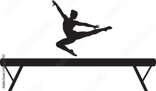 Gymnastics balance beam, gymnast silhouette, athletic sports icon, black vector graphic