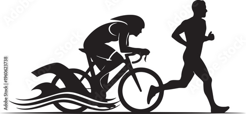 Triathlon, cycling, running, athlete silhouettes, sports icons, vector