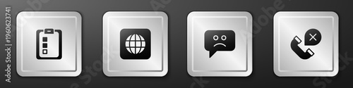 Set Online quiz, test, survey, Worldwide, Sad smile and Declined missed phone call icon. Silver square button. Vector