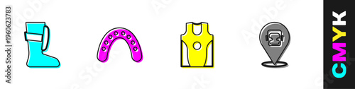 Set Sport boxing shoes, Mouth guard boxer, Boxing jersey and t-shirt and helmet icon. Vector