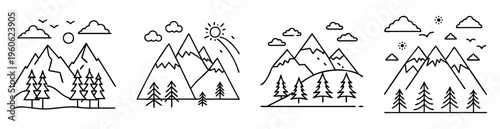 Four minimalist nature scene line art illustrations featuring mountains and trees
