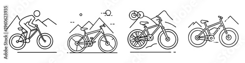 Linear illustration showcasing various mountain bikes in scenic outdoor environment