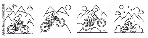 Minimalist line art showing cyclists mountain biking in different environments