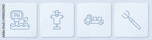 Set line Soil ph testing, Pickup truck, Scarecrow and Garden pitchfork. White square button. Vector