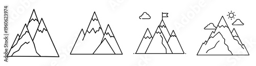 Four stylized mountain peak illustrations showing nature and achievement symbols
