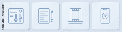 Set line Sound mixer controller, Makeup mirror with lights, Scenario and Online play video. White square button. Vector