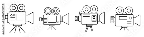 Retro movie camera icons set with tripod for vintage film making