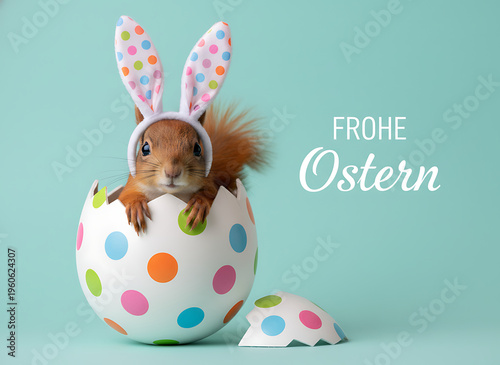 Frohe Ostern Konzept, Ferien Feiertag Grußkarte, Karte mit deutschem Text - Lustiger Osterhase Eichhörnchen mit Hasenohren und Osterei isoliert auf blauem Hintergrund. Easter Holiday Celebration