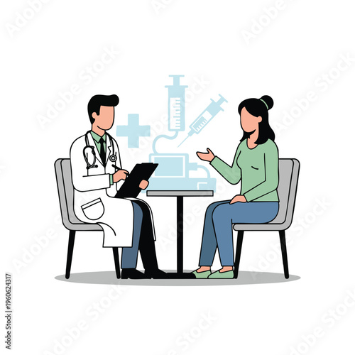 Doctor talks to patient in office with medical symbols and injection icons