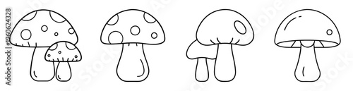 Four groups of outlined mushrooms with rounded caps and different spotted patterns