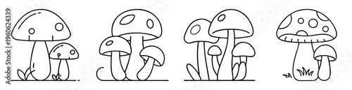 Collection of monochrome outlined toadstools, with different sizes, shapes and spots