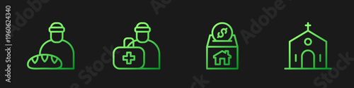 Set line Donation and charity, Feeding the homeless, First aid kit and Church building. Gradient color icons. Vector