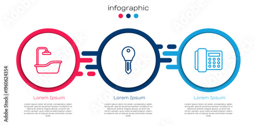 Set line Bathtub, Hotel door lock key and Telephone handset. Business infographic template. Vector