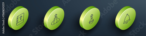 Set Isometric line Holy bible book, Church tower, Christian cross and bell icon. Vector