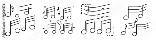 A variety of outlined musical notes in different positions and arrangements
