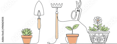 Continuous line art illustration depicting various essential gardening tools, growing plants, and potted flowers, showcasing a minimalist and elegant horticulture theme.