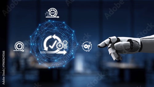 Billede på lærred A robotic hand points at digital icons that signify automation and innovation within a modern workspace, capturing the essence of technology and efficiency