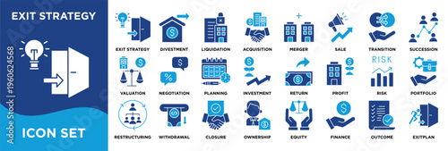 Exit Strategy icon collection set. Containing valuation, negotiation, planning, investment, return, profit, risk, portfolio. flat icon vector