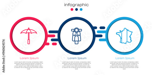 Set line Umbrella for beach, Scooter and Map of France. Business infographic template. Vector